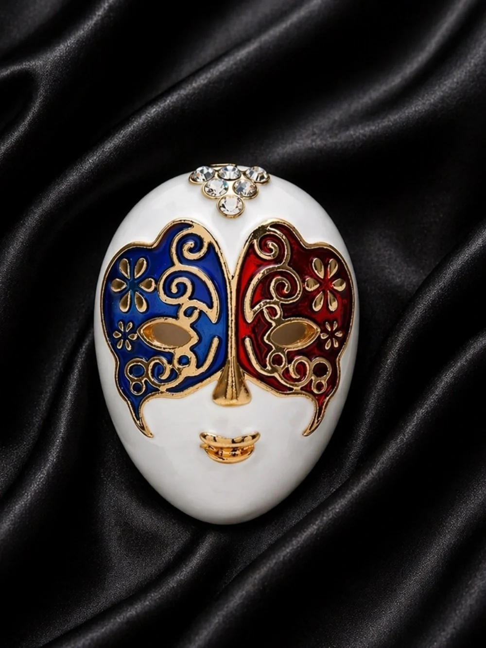 Luxury Venetian Mask Brooch – Red & Blue Enamel Statement Pin